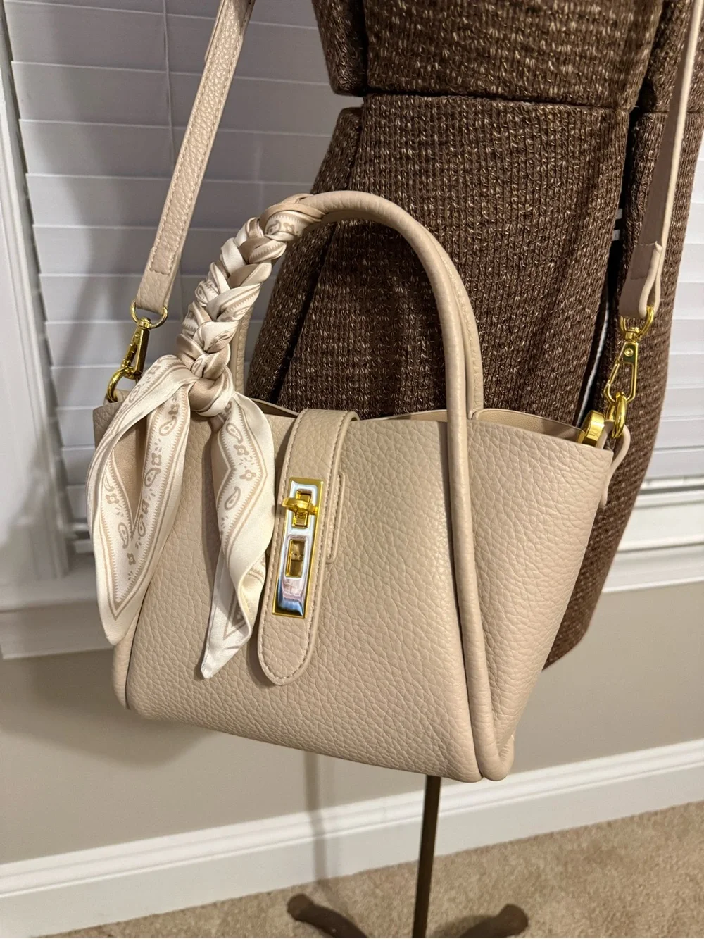 Cream Pebbled Leather Top-Handle Satchel with Scarf Accent